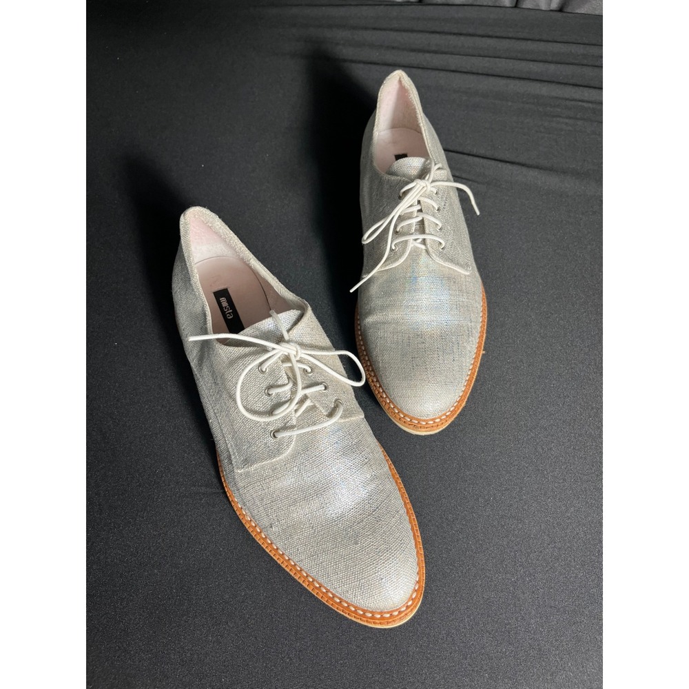 Miista Metallic Silver Linen Leather Oxford Shoes EU 39 Lace Up Brogues